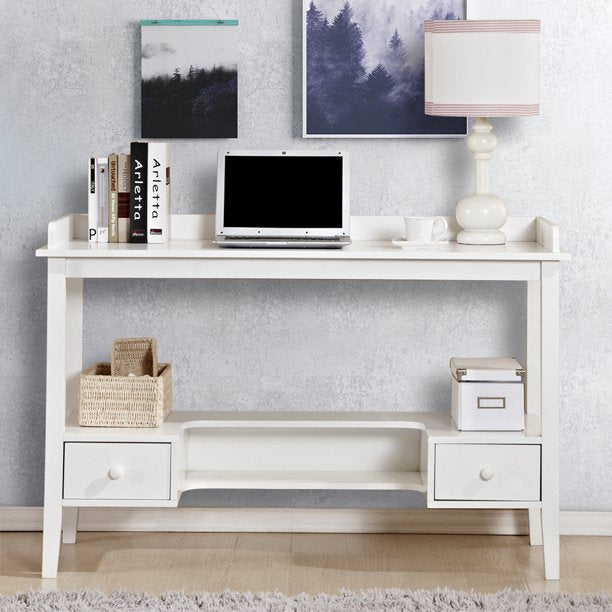 White Desk Kids Writing Desk with Drawers, Open Shelf, Cubbyhole, Wood Home Office Computer Desk, X130