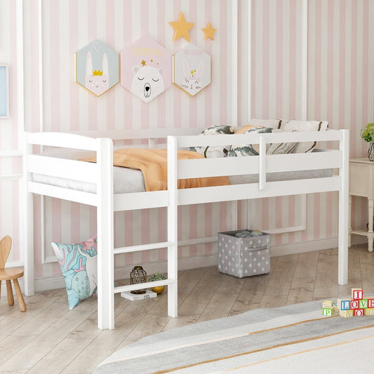 Twin Loft Bed for Boys Girls, Sesslife Wood Loft Bed with Ladder and Safety Guard Rails, Modern Kids Bedroom Furniture, White Loft Bed Space Saving Design, X3369