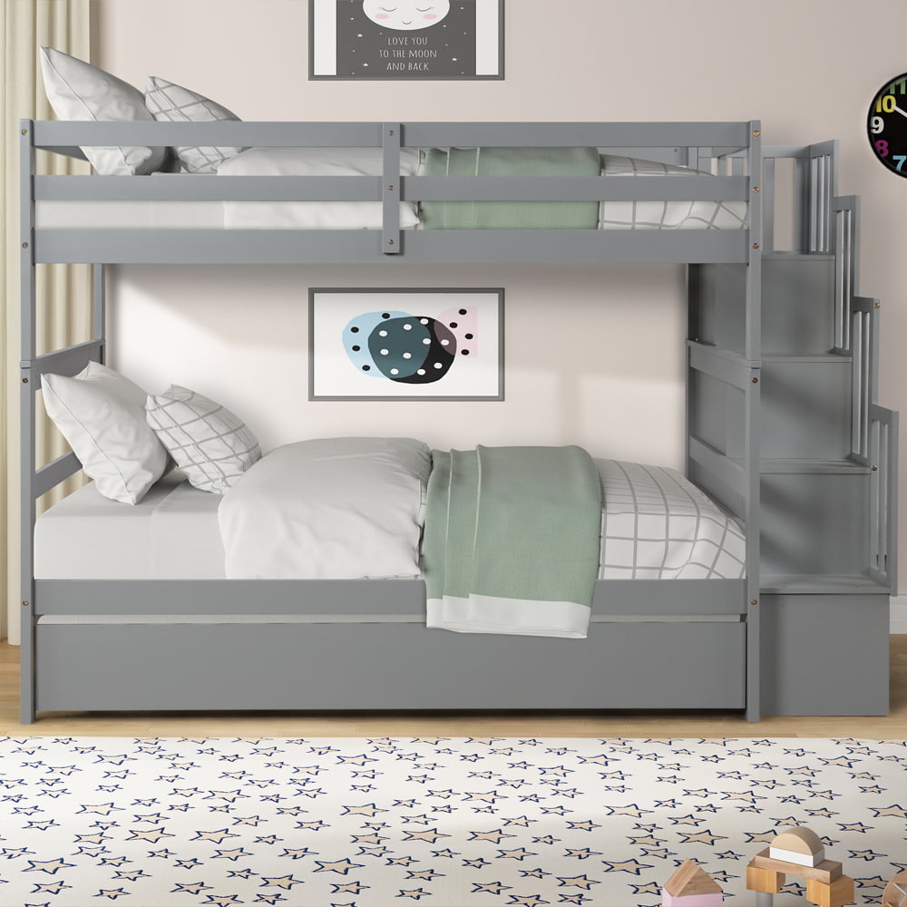 Twin Over Twin Bunk Bed with Trundle, Sesslife Wood Bunk Beds with Storage Stairs, Convertible Twin Bunk Bed Frame with Safety Guardrail for Kids/Teens Bedroom, Gray