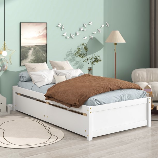 SESSLIFE Twin Platform Bed with Drawers, Wood Twin Bed Frame with Storage for Bedroom Guest Room, Twin Size Bed Frame No Box Spring Need for Boys Girls Teens Adults, White, X2919