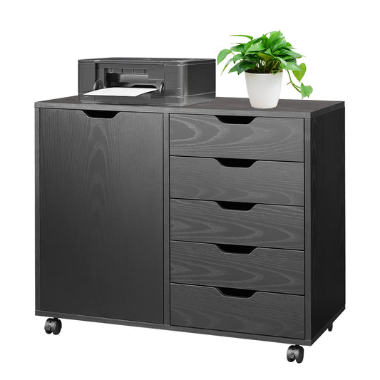 Black Chest of Drawers, Sesslife Wood Dresser with Door and Adjustable Shelf and 360¡ã Swivel Casters, Movable Storage Cabinet for Office Bedroom Kitchen, Modern Furniture