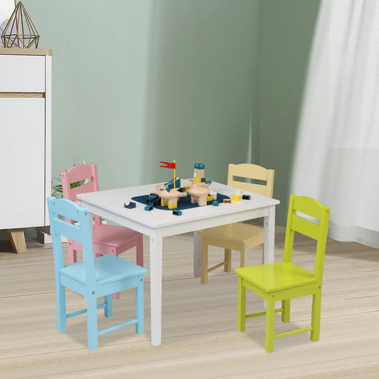 Sesslife Wood Table and Chairs for Kids, 5 Piece Activity Table with 4 Chairs for Play Readi Art, Childs Furniture Set for Bedroom Playroom, Study Table and Chair Set for Ages 3-8 Boys Girls, Colorful