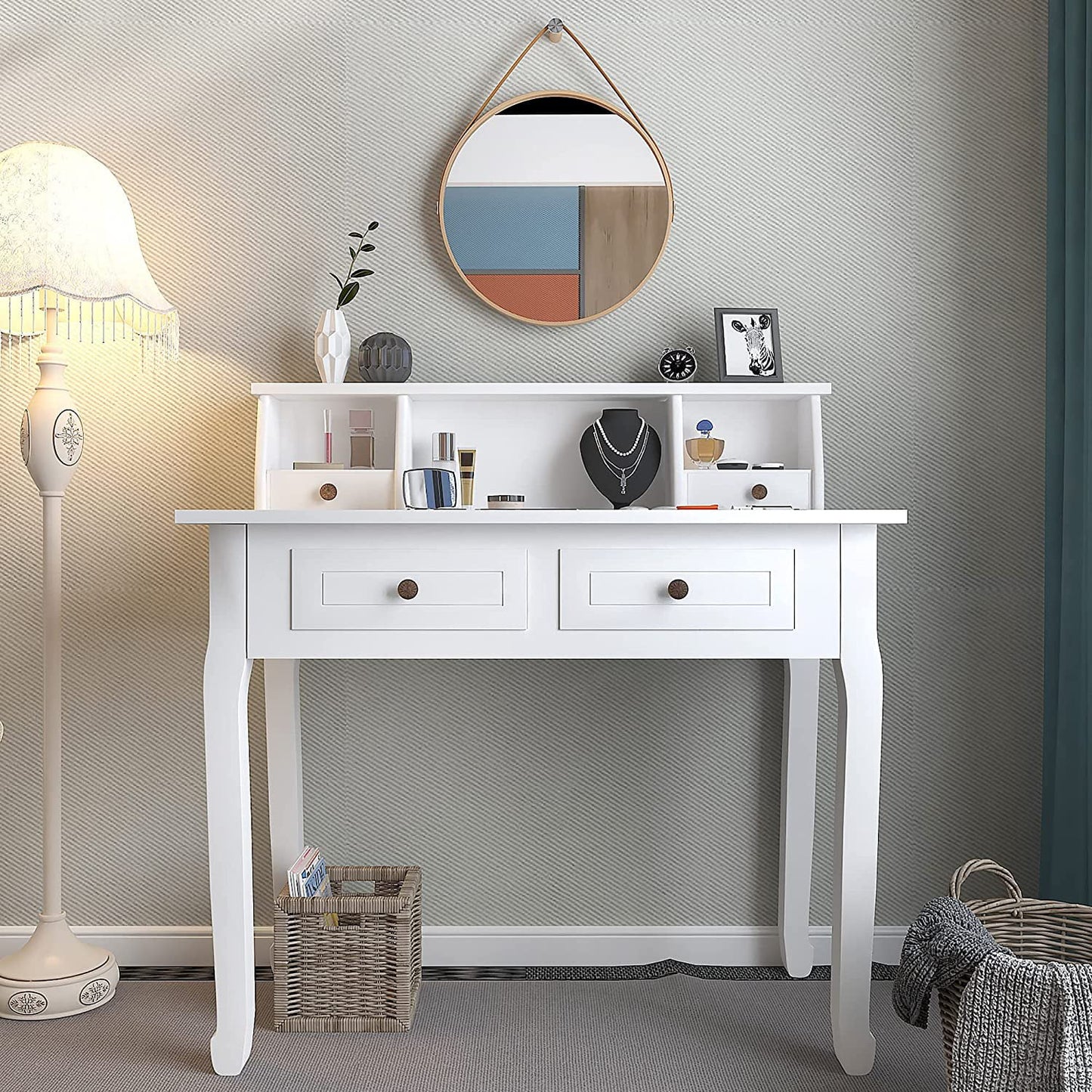 Bedroom Vanity Desk, SESSLIFE Home Office Writing Desk with 4 Drawers and Detachable Tabletop, Wood Computer Desk, White Students Kids Desk with Storage, Study Writing Table