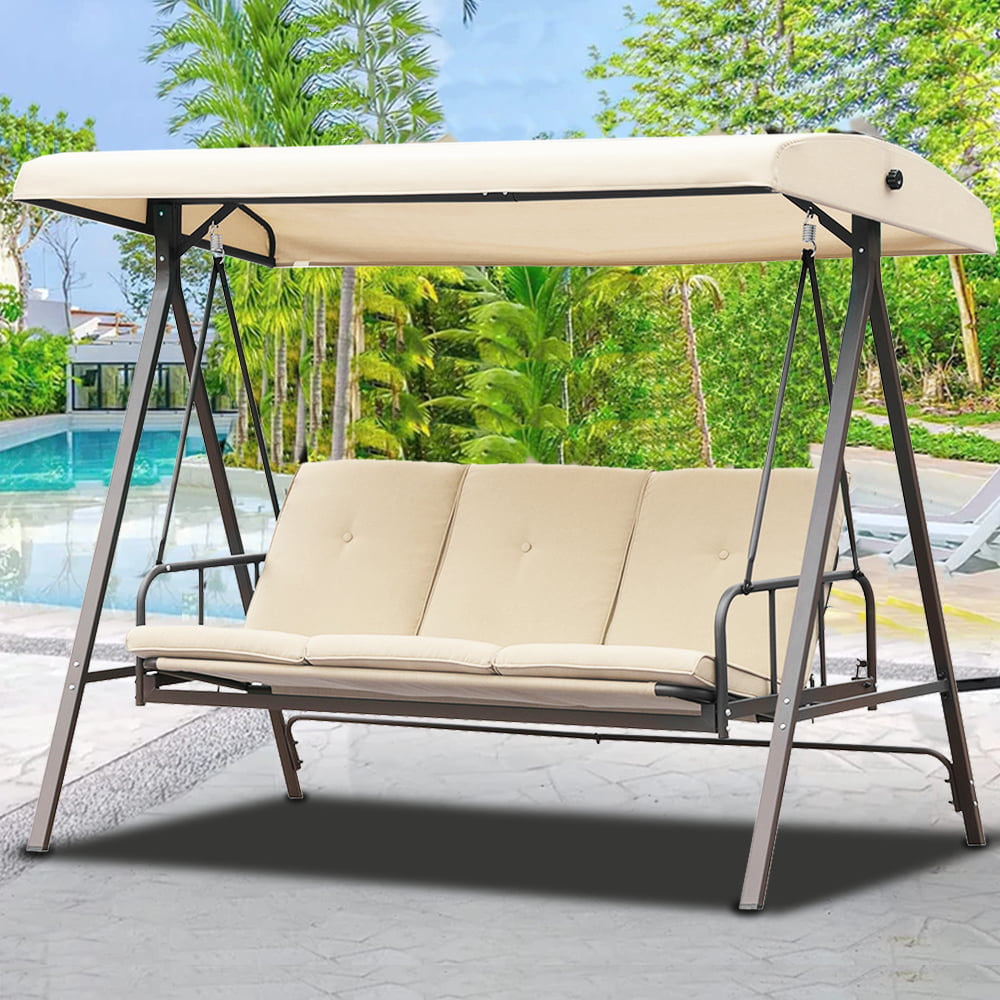 Porch Swing with Canopy, 3-Seat Patio Swing Chairs for Backyard Porch, Converting Canopy Swing Chairs with Adjustable Canopy and Cushions, Steel Outdoor Porch Swing Bed, Khaki