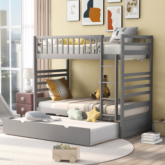 SESSLIFE Wood Bunk Bed with Trundle, Twin Over Twin Bunk Bed with Ladder and Full-length Guardrails, Twin Bed Frame with Slats, No Box Spring Need, Kids Teens Bed Frame for Bedroom Dorm, Gray, X2091