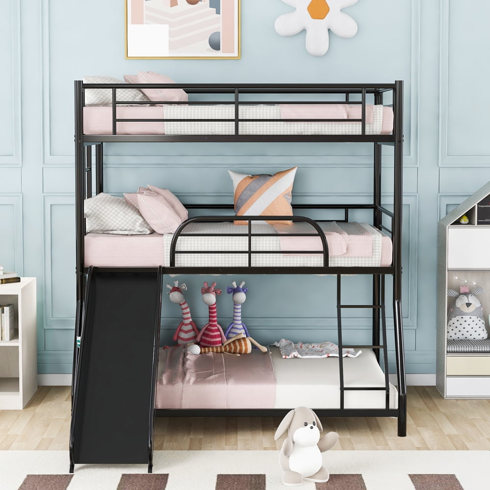 SESSLIFE Triple Bunk Bed Twin over Twin over Full, Metal Bunk Beds with Slide for Kids Bedroom Dorm, Platform Bed with Ladder, Full-Length Guardrails, Slats Support, No Box Spring Needed, Black, X2206