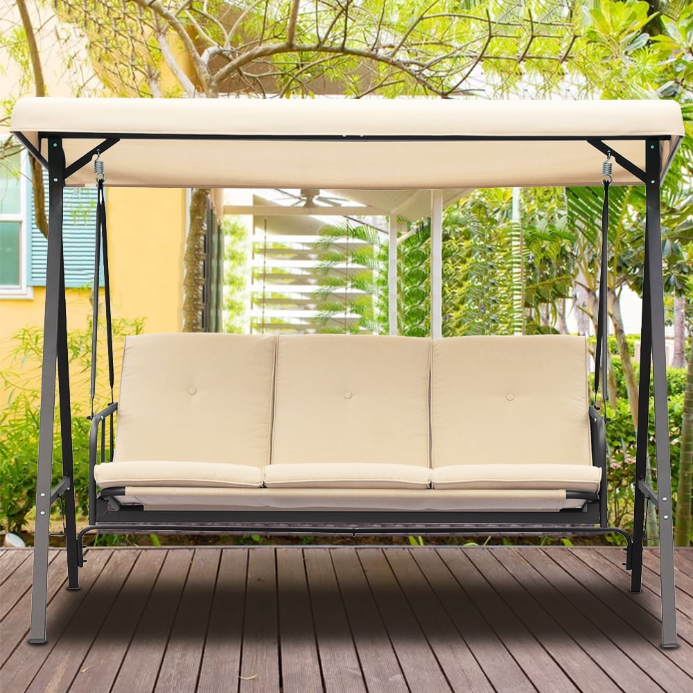 Sesslife Porch Swing with Canopy, 3-Seat Patio Swing Chairs for Backyard Porch, Converting Canopy Swing Chairs with Adjustable Canopy and Cushions, Steel Outdoor Porch Swing Bed, Khaki