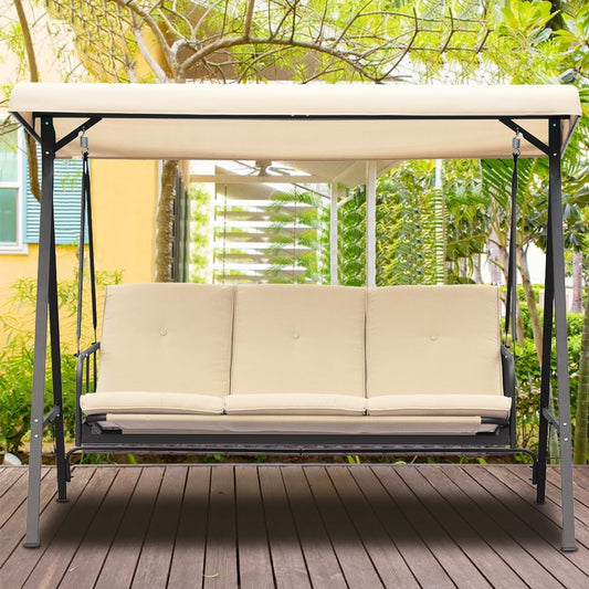 Sesslife Porch Swing with Canopy, 3-Seat Patio Swing Chairs for Backyard Porch, Converting Canopy Swing Chairs with Adjustable Canopy and Cushions, Steel Outdoor Porch Swing Bed, Khaki