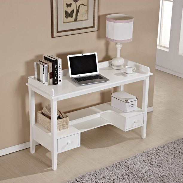 Wood White Home Office Writing Desk with 2 Drawers and Open Shelf