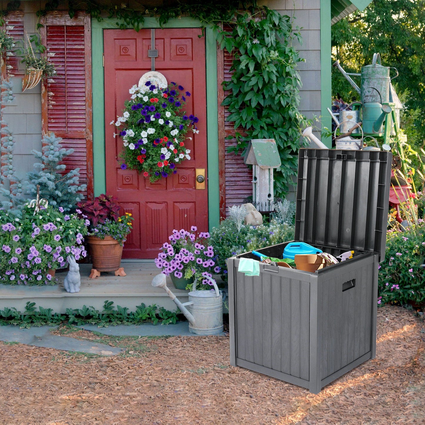Sesslife Outdoor Storage Box, 51 Gallon Gray PP Plastic Waterproof Deck Storage Box Bench, Indoor/Outdoor Storage Bin Container for Patio Cushions, Garden Tools and Pool Toys