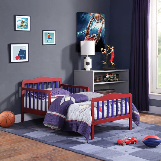 Sesslife Toddler Beds for Kids, Wood Bed Frame with Safety Side Rails & Slats Support, Low-to-floor Toddler Bed Frames with Tall Headboard, Platform Bed No Box Spring Needed, Red/Blue