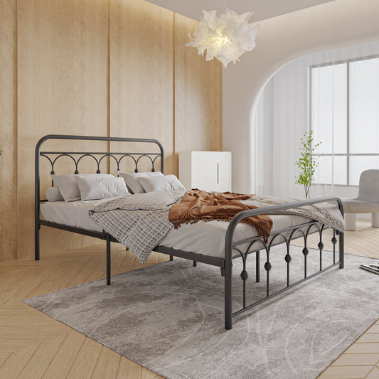 Queen Size Bed Frame, SESSLIFE Antique Queen Platform Bed Frame with Headboard and Footboard, Victorian Style Metal Platform Bed Frame with Slats Support, Black Bed Frame for Bedroom