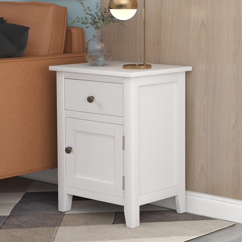 Sesslife White Nightstand with Drawer, Storage End Table with 1 Bottom Cabinet, Wood Bedside Table with Storage Space, Modern Night Stand with 4 Legs