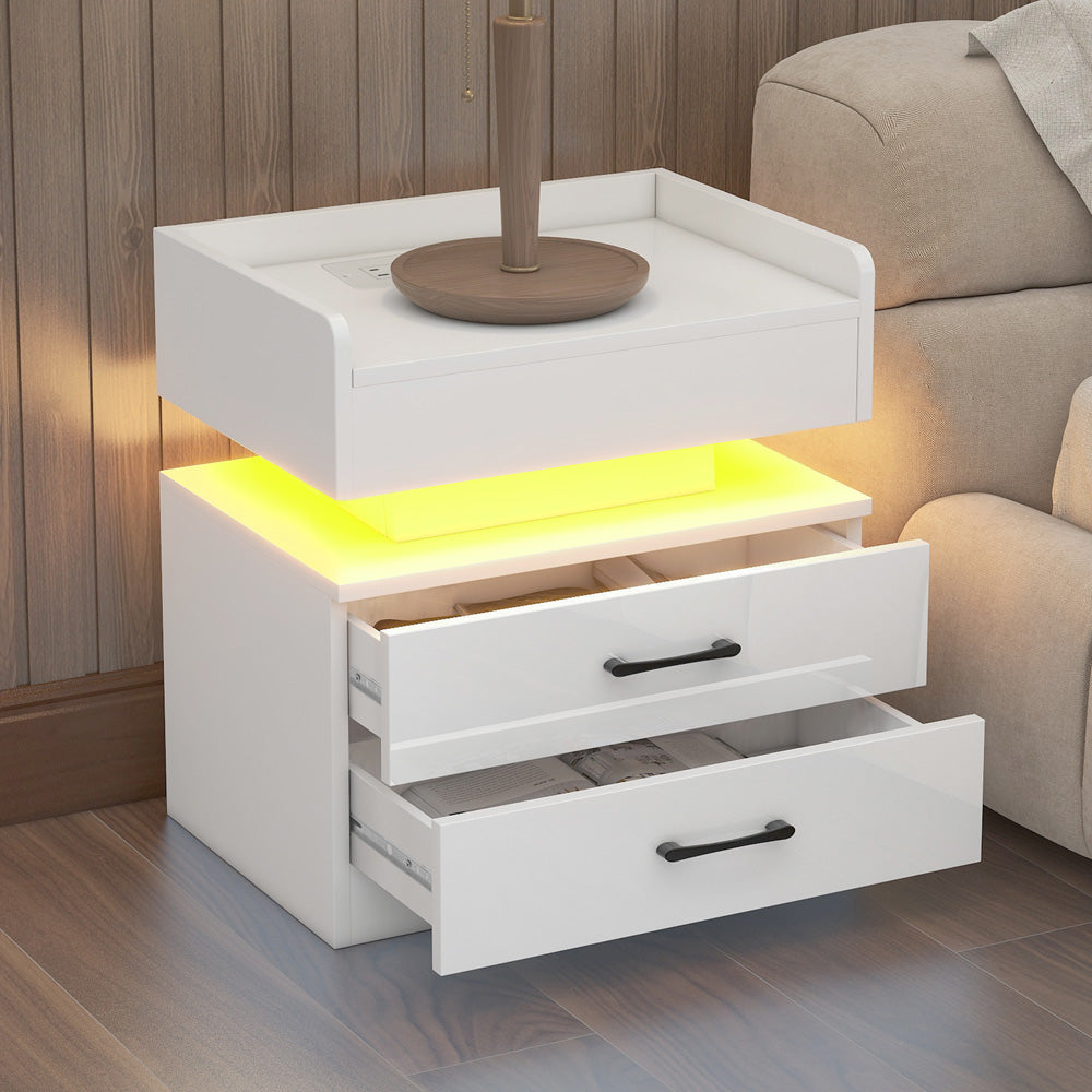 2-Drawer Nightstand for Bedroom, Sesslife Wood Bedside Table with LED Light, USB Charging Ports and Outlets, Wireless Charging Functions, Modern Storage Furniture Night Stand, White