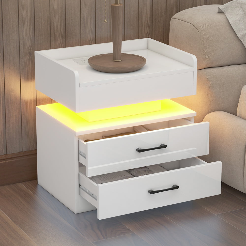 Sesslife White Nightstand for Bedroom with 2 Drawers, Modern Bedside Table with USB Charging Ports and Outlets, Wireless Charging, LED Light, Multifunctional Wood Side Table