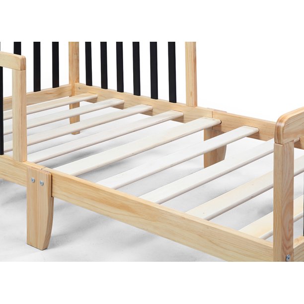 Toddler Bed Natural/Black, Sesslife Wood Toddler Bed frame for Boys Girls, Platform Bed with Safety Side Rails, Headboard, Kids Bed No Box Spring Needed, Modern Toddler Furniture for Toddler Room