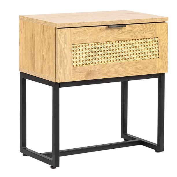 Mid Century Modern Nightstand with Rattan Drawer, SESSLIFE End Table with Storage for Bedroom Living Room, Small Space Wood Bedside Table, 19.7(L) x 15.7(W) x 21.7(H)inches, X2870