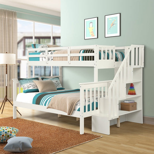 SESSLIFE Wood Twin Over Full Bunk Bed for Kids, Bunk Bed with Stairs and Storage Shelves for Boys Girls Bedroom, Bed Frame with Safety Guardrails & Slats Support, No Box Spring Needed, White, X2120