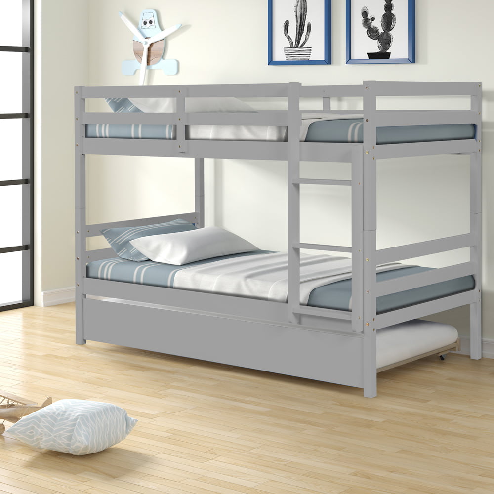 Twin Bunk Bed with Trundle, Sesslife Solid Wood Bunk Bed with Ladder and Guardrail, Gray Twin over Twin Bunk Bed for Kids Teens Adults, Space Saving Bedroom Furniture