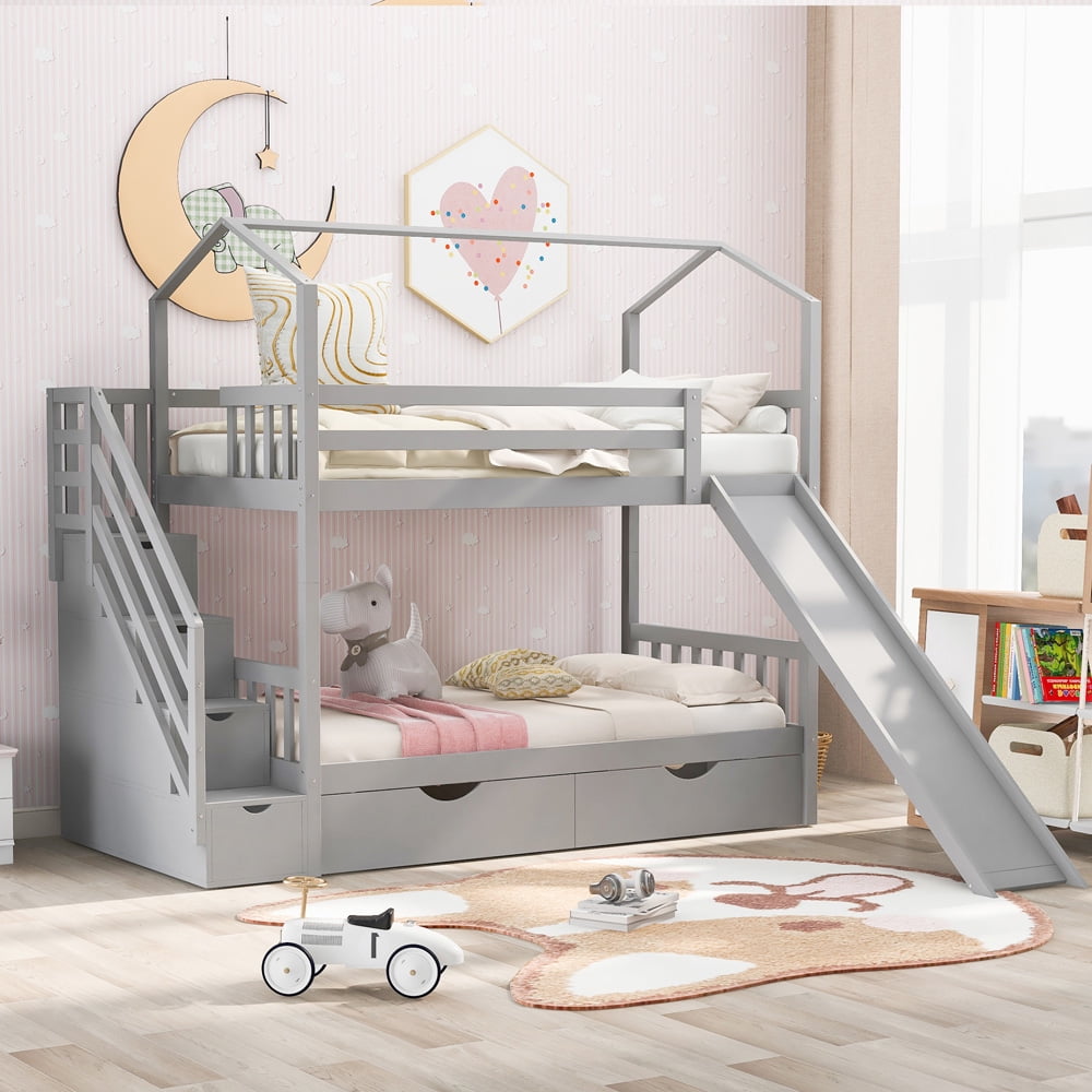 Sesslife Twin over Twin Wood Bunk Bed with Drawers, Kids House Bunk Bed with Slide and Storage Staircase, Wood House Bed with Safe Guardrail for Kids, Teens, Easy Assemblem, Gray, X2930