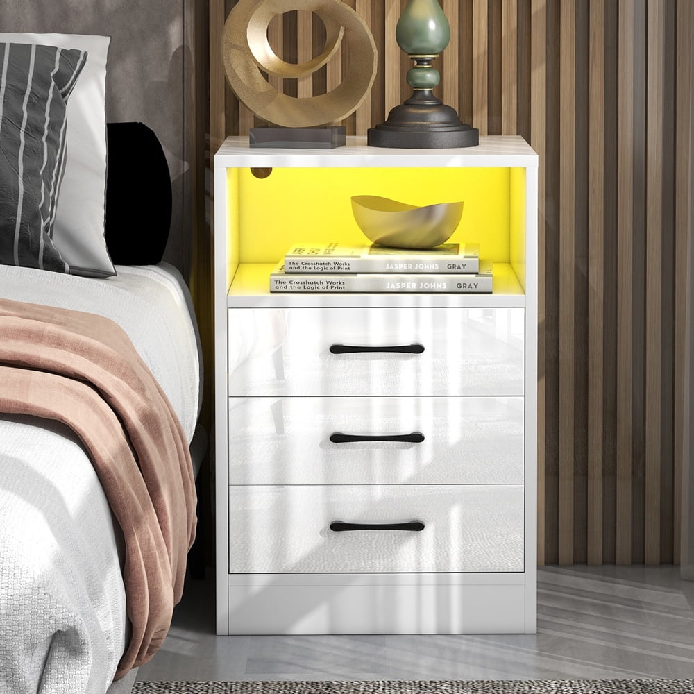 White Nightstand for Bedroom with 3 Drawers and Shelf, Sesslife Modern Bedside Table with USB Charging Ports and Outlets, LED Light, Multifunctional Wood Side Table