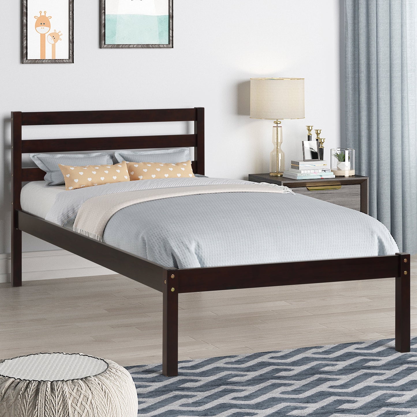 Sesslife Platform Bed Frame Twin, Solid Wood Bed Frame with Headboard and Slats Support, Twin Bed Frame No Box Spring Needed, Easily Assemble, Espresso
