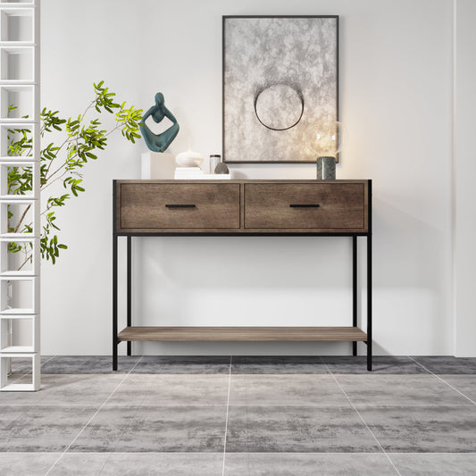 Sesslife Narrow Console Table with Drawers, Wood Entryway Table with Storage Shelf, 39.37" Long Side Table with Metal Frame for Entryway Hallway, Vintage Storage Entryway Furniture, Natural