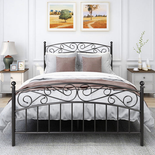 Sesslife Platform Bed Frame No Box Spring Needed, Metal Queen Size Bed Frame with Victorian Headboard and Footboard, Queen Platform Bed Slats Support for Teen Adult Kid, Black, X3220