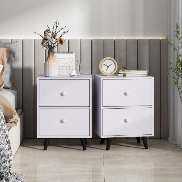 SESSLIFE Modern Bedside Table Set of 2, Wooden End Table with 2 Drawers for Bedroom Living Room, White, X336