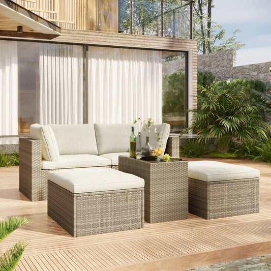 Outdoor Sectional Sofas, SESSLIFE PE Rattan Patio Furniture Set with Glass Top Table for Garden Pool Deck Porch, 5 Piece Cushioned Wicker Sofa Conversation Set for 2-4 People, Beige Cushions, X3015