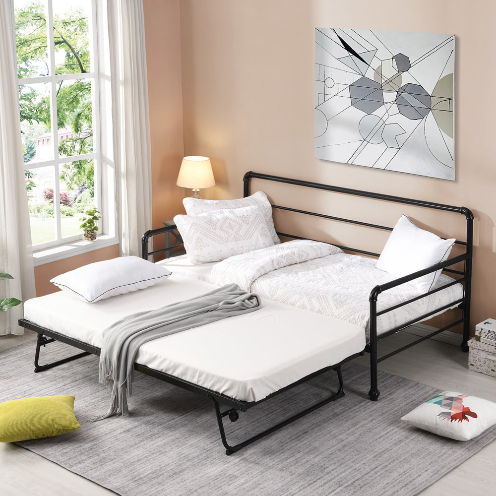 Twin Size Daybeds, Metal Daybed with Adjustable Trundle, Functional Sofa Bed for Living Room Bedroom Office, 14 Slats Support, Space Saving Bed Frame No Box Spring Needed, Black, X2683