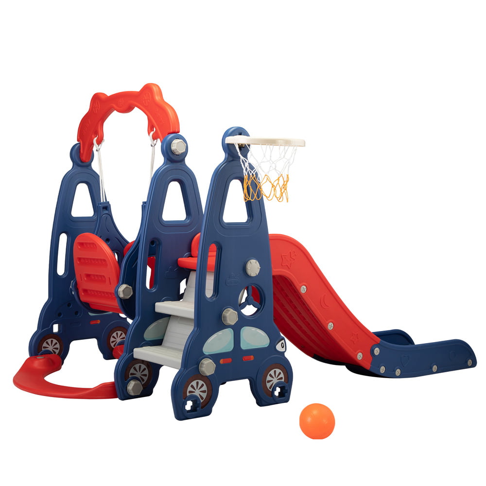 Kids Slide Swing Set with Basketball Hoop, SESSLIFE 3 in 1 Kid Toy Set with Climber Slider, Indoor Swing, Indoor Outdoor Playground for Ages 2-4, Red, X2006