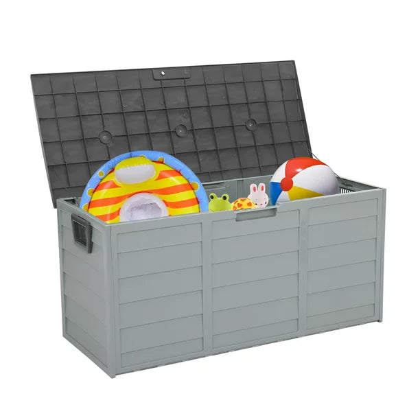 Sesslife Outdoor Storage Box, 51 Gallon Gray PP Plastic Waterproof Deck Storage Box Bench, Indoor/Outdoor Storage Bin Container for Patio Cushions, Garden Tools and Pool Toys