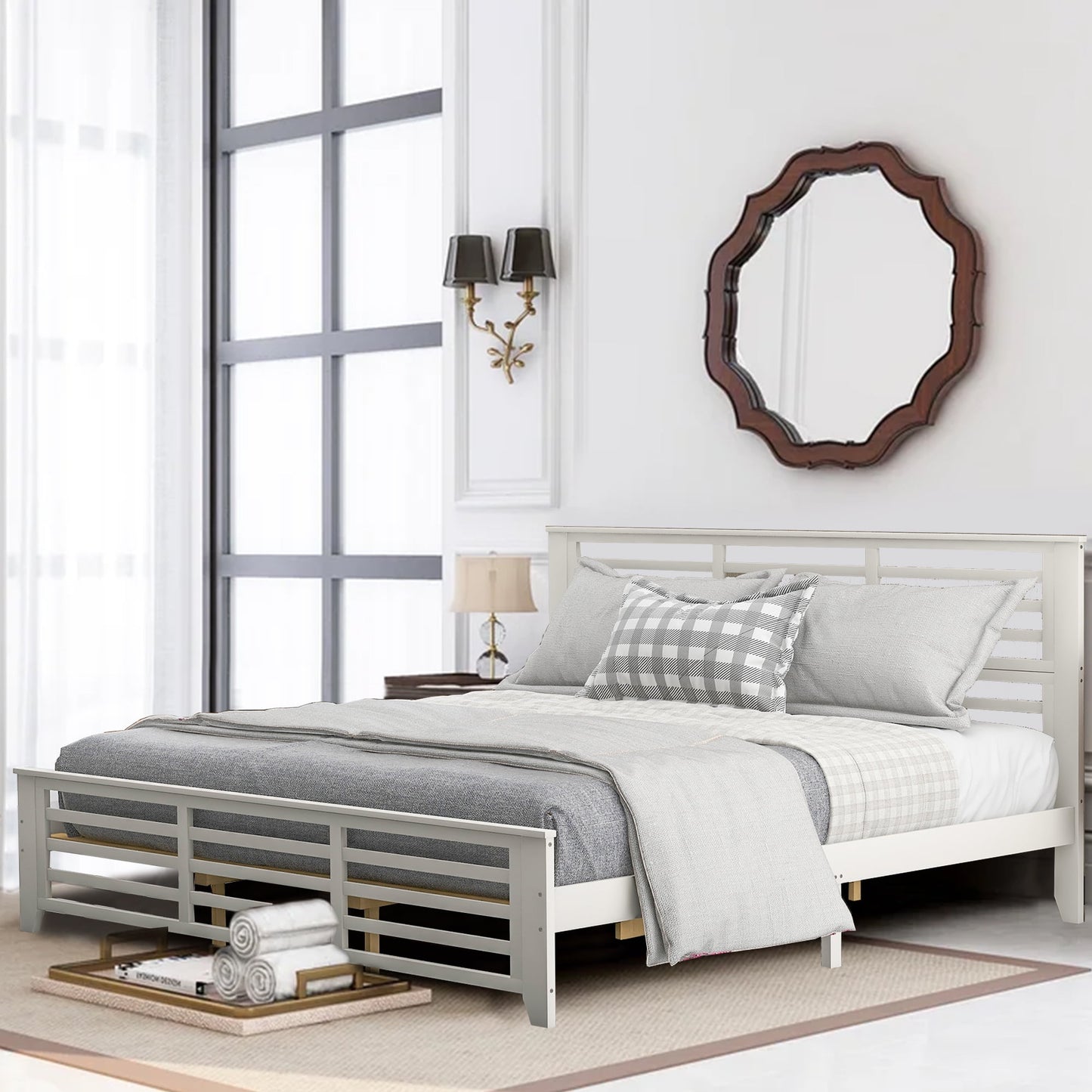 White Wood King Size Bed Frame, Sesslife Platform Bed with Headboard and Footboard, Slats Support, Center Legs, King Bed Frame No Box Spring Needed for Modern Bedroom