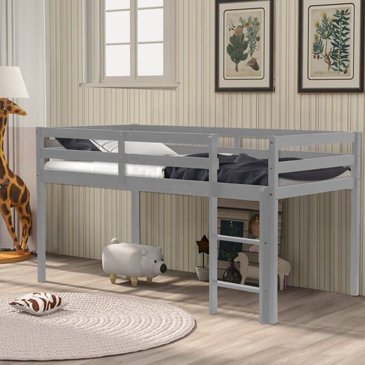 Wood Loft Bed for Boys Girls, SESSLIFE Twin Low Loft Bed with Ladder and Full-length Guard Rails, Twin Size Bed Frame with Wood Slats Support, No Box Spring Needed, Gray Kids Bedroom Furniture, X2043