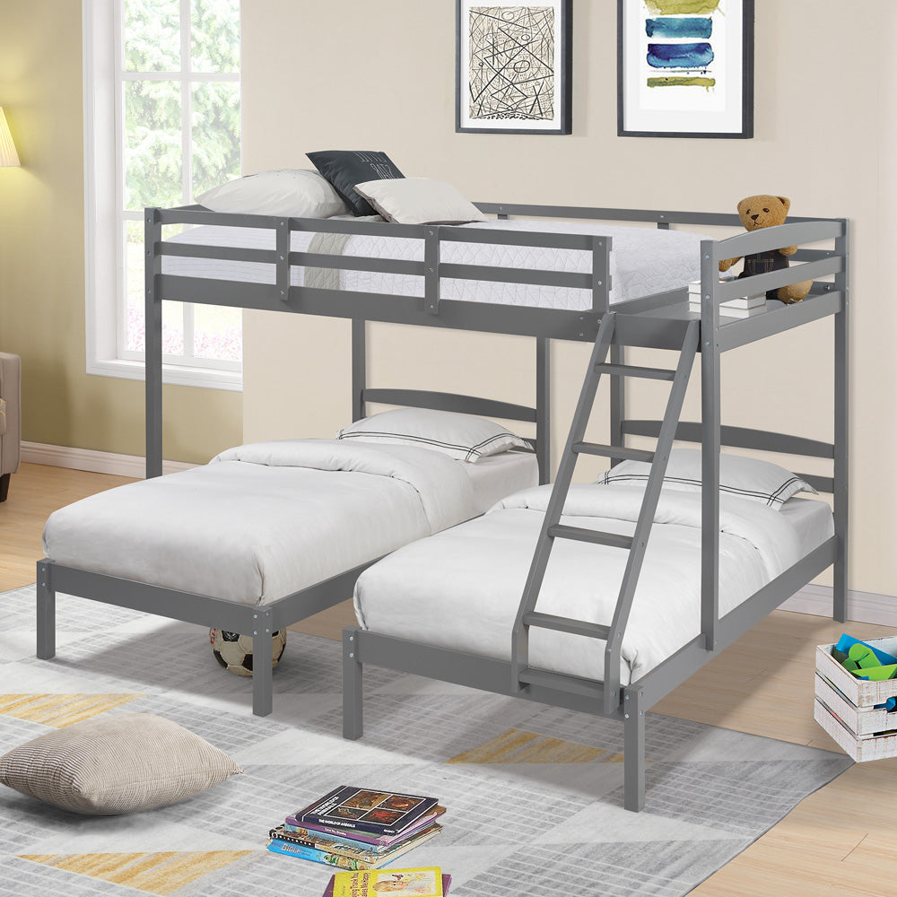 Triple Bunk Bed Full over Twin & Twin, SESSLIFE Wood Bunk Bed for Boys Girls Bedroom, Kids Bunk Bed Frame with Wooden Slats, Full-length Guardrail & Ladder, No Box Spring Needed, Gray, X2911