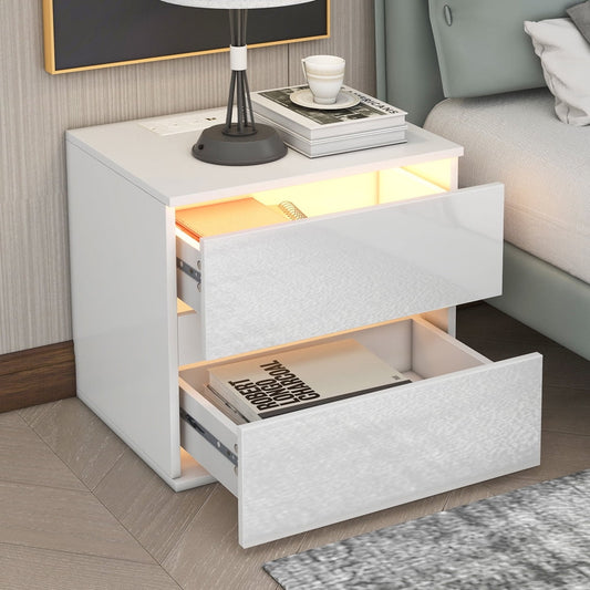 Sesslife Modern Nightstand with LED Light, USB Charging Ports and Outlets, Wireless Charging, Wood Bedside Table with Storage Drawers and Shelf for Bedroom Living Room, White
