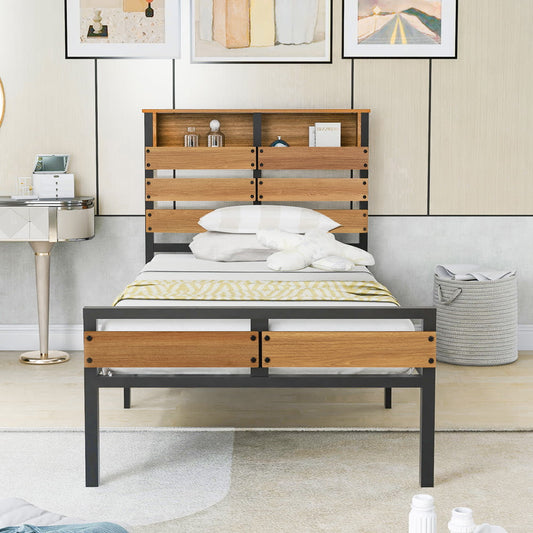 SESSLIFE Metal Twin Bed Frame, Platform Bed Frame with Wooden Storage Headboard and Footboard, Twin Size Bed Frame No Box Spring Needed for Kids Teens, Bedroom Furniture, Black, X970