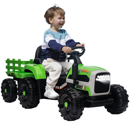 12V Kids Ride on Tractor with Trailer, Sesslife Battery Powered Electric Ride on Car w/ Remote Control, 3 speed, Power display, USB,MP3 , Bluetooth, LED light, Electric Vehicles for Boys Girls, Green