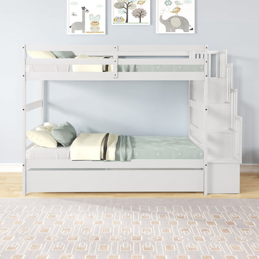 Bunk Beds Twin over Twin, Sesslife Solid Wood Bunk Bed with Trundle for Kids Teens Adults, Twin Bunk Bed with Storage Stairs, Saving Space Bedroom Furniture, White