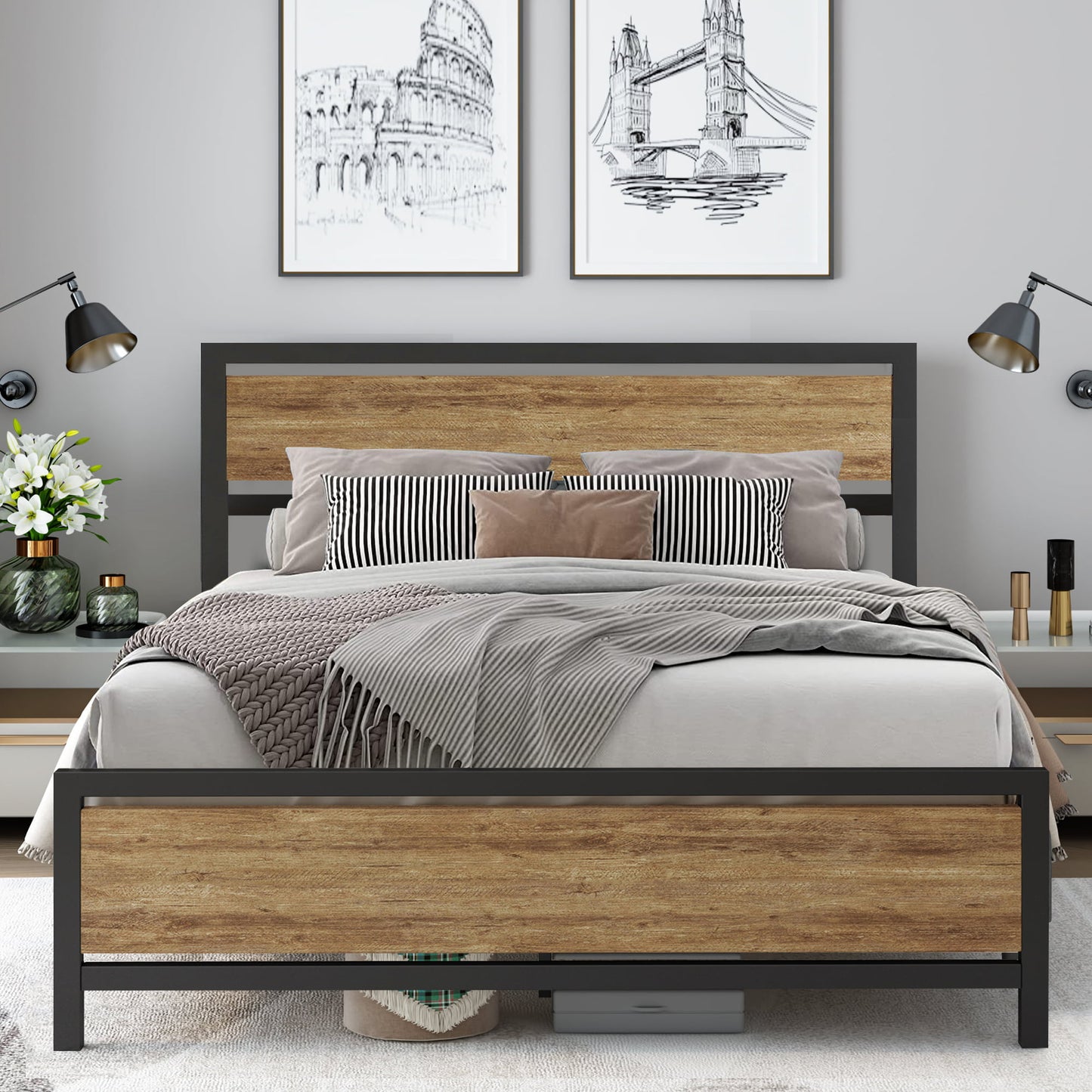 SESSLIFE Queen Size Beds, Industrial Metal Bed Frame with Headboard and Footboard, No Box Spring Needed, Full Platform Bed for Kids Adults, Steel Slats Suport, Black, X137