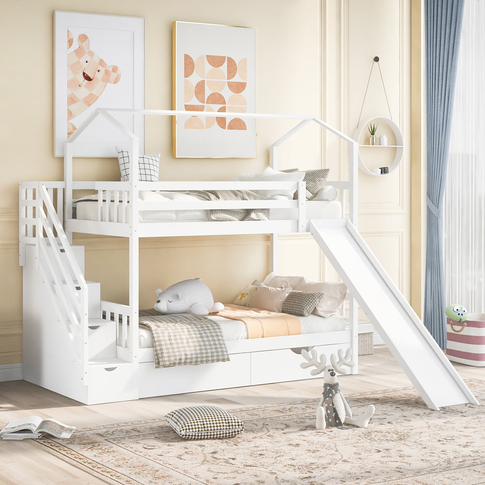 Sesslife Twin House Bunk Bed, Twin over Twin Bunk Bed with Drawers, Wood Kids Bunk Bed Frame with Slide, Guardrail, Staircase and Storage Space, Bed Frame No Box Spring Needed, White, X2933