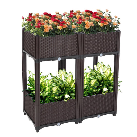 Sesslife Plastic Raised Garden Bed Set of 4, Elevated Planter Box with Drainage Holes, Self-Watering, Elevated Garden Bed for Indoor Outdoor Planting, Brown