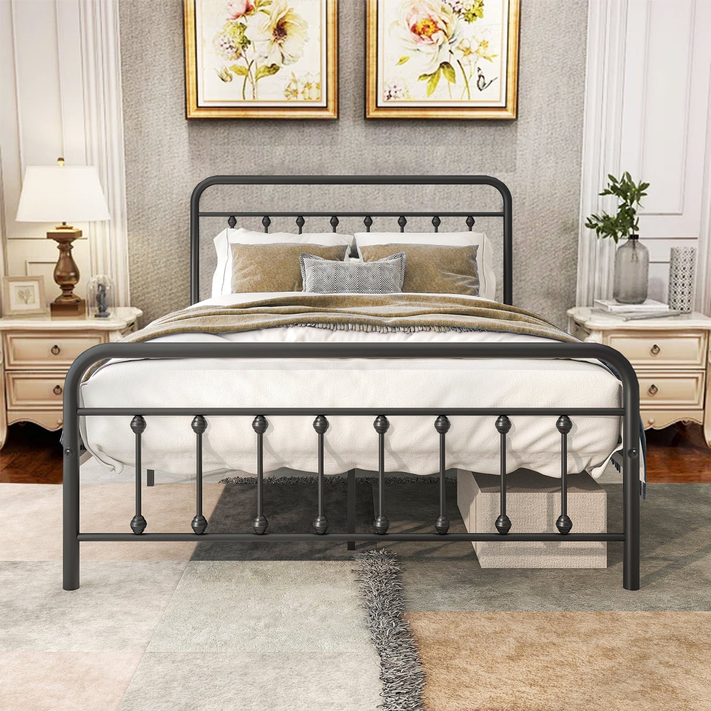 Platform Bed No Box Spring Needed, Sesslife Black Metal Full Size Bed Frame with Headboard and Footboard, Strong Slat and Center Legs Support, Full Bed Frame Easy Assembly