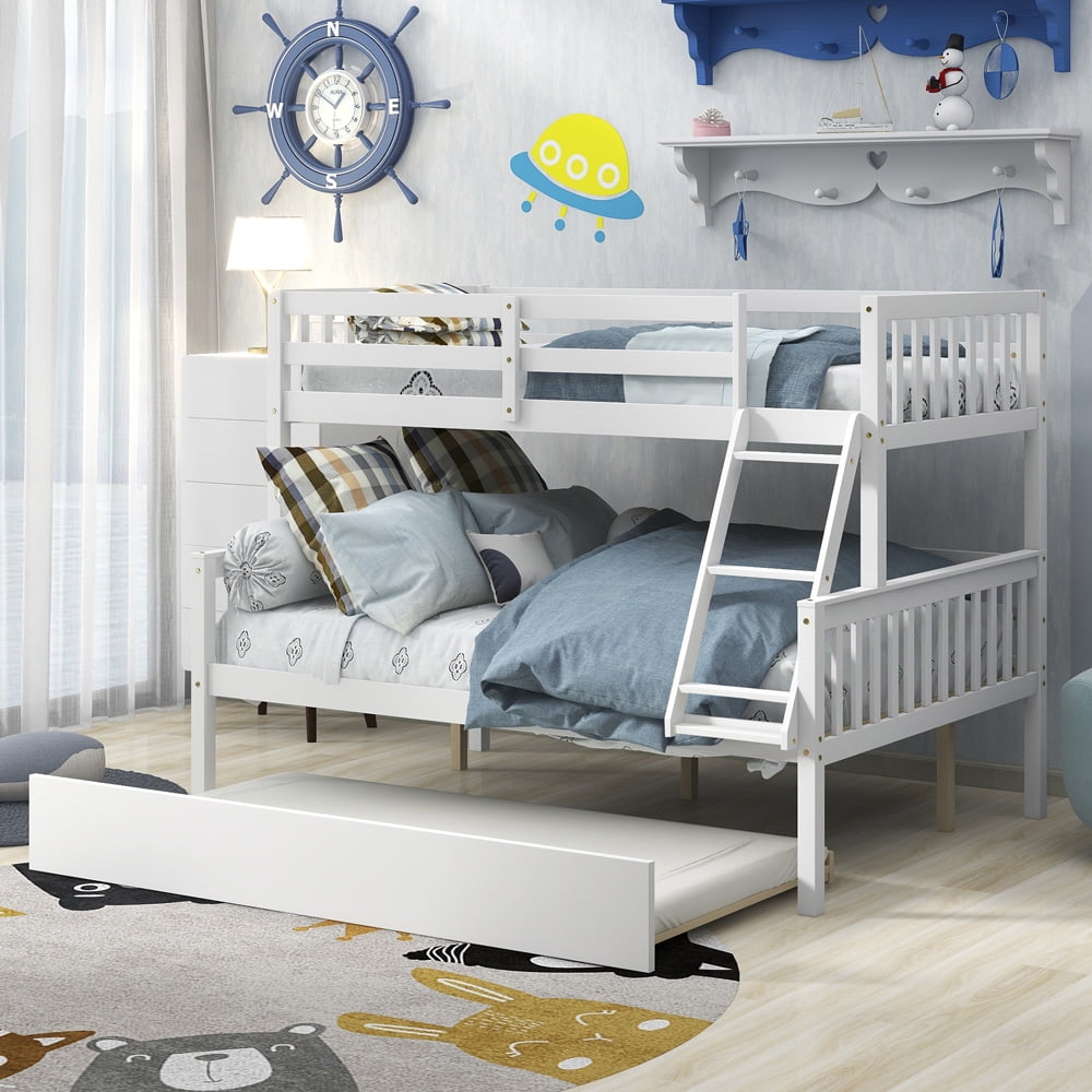 Sesslife Wood Twin over Full Bunk Bed with Trundle for Kids, Bunk Bed Frame with Ladder and Safety Guardrail, No Box Spring Need, Detachable Bed Frame Be Converted into 2 Beds, White, X2967