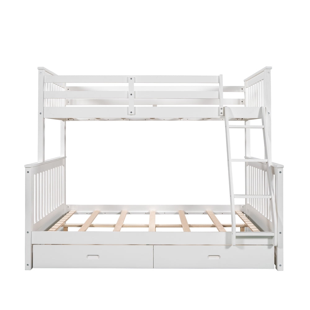 Bunk Bed Twin over Full, SESSLIFE Bunk Bed with 2 Drawers, Wood Bunk Bed with Ladder and Full-length Guardrails for Teens Kids, Modern Platform Bed Frame No Box Spring Needed, White, X2461