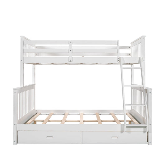 Twin over Full Bunk Bed, SESSLIFE Wood Bunk Bed with Drawer and Guard Rail, Kids Bunk bed with Ladder & Slats Support, Space Saving Storage Bed Frame for Bedroom Dorm, White, X2457