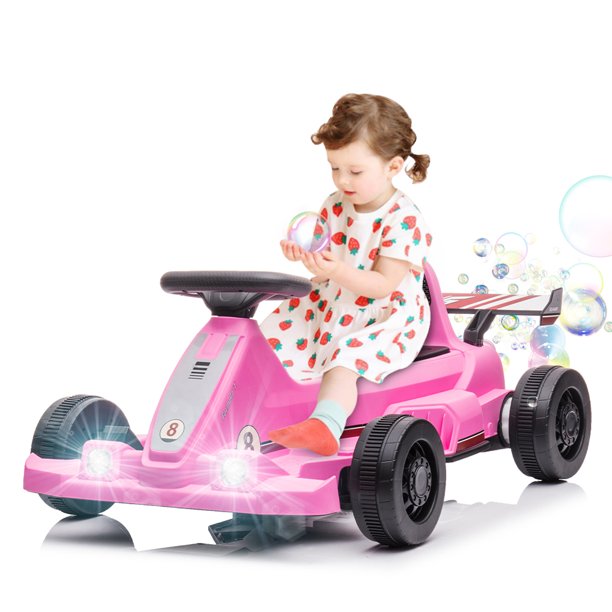 Powered Go Kart for Boy Girl with Bubble Function, Sesslife 6V Electric Pedal Go Kart with LED Light, Horn, Ride on Toys for Outdoor Indoor, Go Kart for Ages 2 Years and Older, Pink