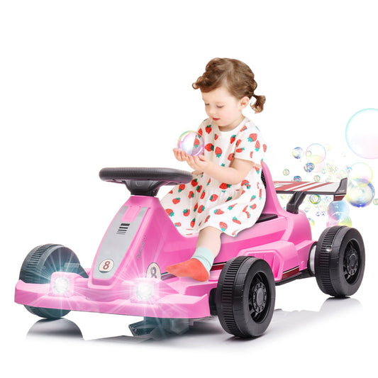 Sesslife Pink 6V Powered Ride On Go Kart with Bubble Function, LED Light and Horn, Electric Kids Ride on Toys for Boys Girls, Ages 2 and Older Birthday Gift