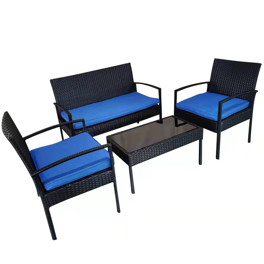 4-Person Patio Sofa Set, Sesslife Black Wicker Outdoor Furniture Set with Cushions, Rattan Patio Furniture Set with 2 Chairs, Loveseat, Tempered Glass Table, Dark Blue Cushions Seating Group